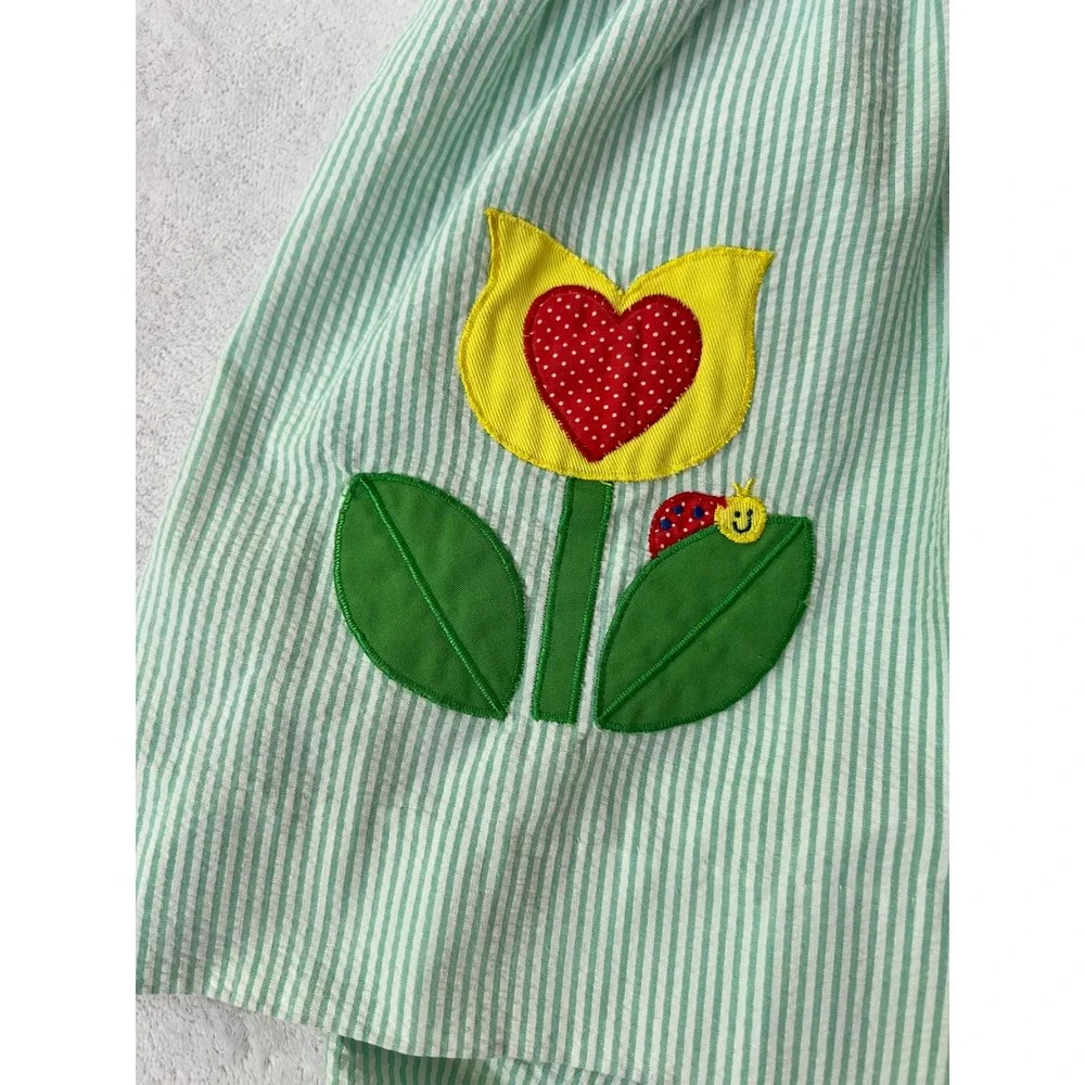 Seersucker Dress with Bloomer Set Green Striped Tulip Applique Kids Size 18-24M